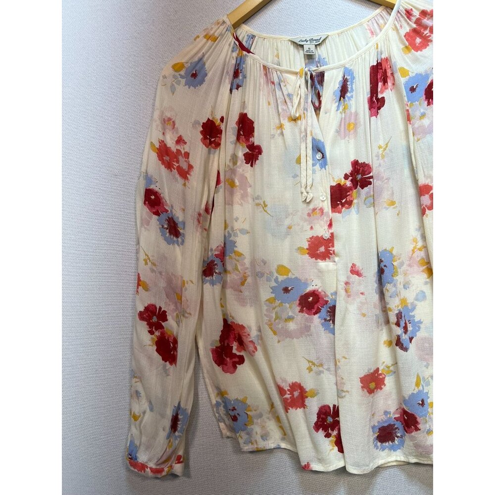 Lucky Brand Women's Half Button Boho Peasant Top Long Sleeve Size S Cream Floral - Picture 5 of 11